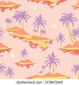 Vintage seamless island pattern. Colorful summer tropical background. Landscape with palm trees, beach and ocean. Flat design, vector. Good for textile, fabric, t-shirt, wallpaper, wrapping.