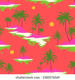 Vintage seamless island pattern. Colorful summer tropical background. Yellow landscape with palm trees, beach and ocean. Flat design, vector. Good for textile, fabric, t-shirt, wallpaper, wrapping.