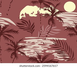 Vintage seamless island pattern. Colorful summer tropical background. Landscape with palm trees, beach and ocean. Flat design, vector. Good for textile, fabric, t-shirt, wallpaper, wrapping.