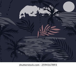 Vintage seamless island pattern. Colorful summer tropical background. Landscape with palm trees, beach and ocean. Flat design, vector. Good for textile, fabric, t-shirt, wallpaper, wrapping.