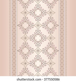 Vintage seamless lace pink border on beige.  Colored element for design in Eastern style. Vintage pattern for invitations, birthday, greeting cards, wallpaper. Traditional floral decor. Pattern fill.