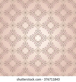 Vintage seamless lace pink texture on beige.  Element for design. Ornamental backdrop. Pattern fill. Ornate floral decor for wallpaper. Traditional decor on beige background.