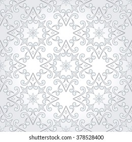 Vintage seamless lace texture on light gray.  Element for design. Ornamental backdrop. Pattern fill. Ornate floral decor for wallpaper. Traditional decor on  light gray background.