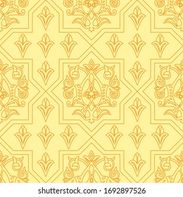 patrón floral lineal vintage sin fisuras en estilo damasco / persa / turco. bella ilustración de diseño vectorial amarillo interminable.