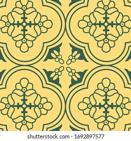 Vintage nahtlose lineare Blumenmuster im damast / persisch / türkisch-türkisfarben Stil. schöne, grüne und gelbe endlose Vektorillustration Design-Illustration.