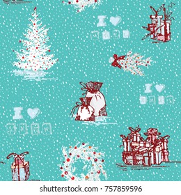 Vintage seamless Merry christmas pattern in hand drawn style on green background. Gift holiday winter line icon. Great design for any purposes celebration decoration design. Vector illustration.