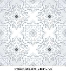 Vintage seamless monochromatic gray texture in Victorian style. Element for design. Ornamental backdrop. Pattern fill. Ornate floral decor for wallpaper. Traditional decor on beige background.  