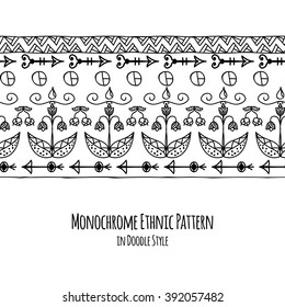 Vintage seamless monochrome ethnic pattern border with floral hand ornament. Vector illustration