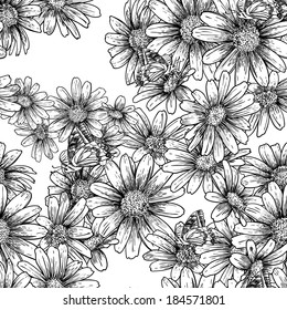 Vintage seamless monochrome roses pattern with daisies 