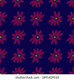 Vintage seamless nature pattern with pink flower silhouettes. Navy blue background. Flat vector print for textile, fabric, giftwrap, wallpapers. Endless illustration.