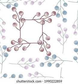 Vintage seamless organic pattern with purple and blue colored berry branch print. Isolated backdrop. Designed for fabric design, textile print, wrapping, cover. Vector illustration.