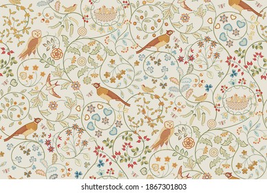 Vintage seamless ornament with birds in foliage and flowers on light beige background. Vector illustration.