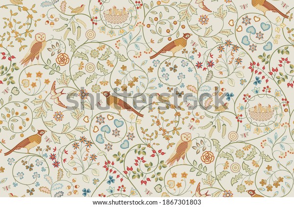 Vintage seamless ornament with birds in foliage and flowers on light beige background. Vector illustration.