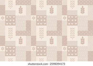 Vintage seamless patchwork pattern with folk-inspired geometric and floral elements in soft beige and brown tones. Ideal for textiles, wallpapers, home decor, scrapbooking, and digital design.