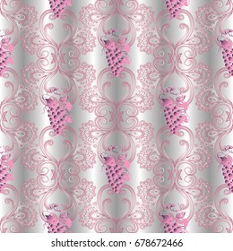 Vintage seamless pattern. 3d wallpaper. Light floral background. Luxury antique line art tracery lace pink ornaments with surface 3d grapes. Damask floral texture for fabrics, textile, prints.