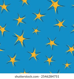 Vintage seamless pattern with 50s and 60s stars with black outlines on blue background