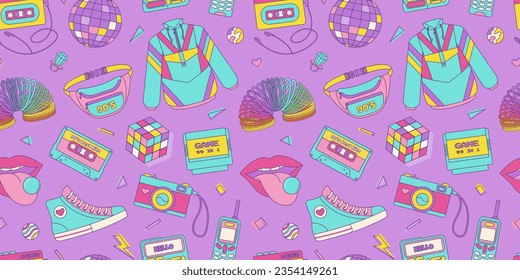 Vintage seamless pattern 80s 90s, cassette, nostalgic items, geometric shapes in Memphis style. Vector retro print, background.