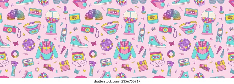 Vintage seamless pattern 80s 90s, cassette, nostalgic items, geometric shapes in Memphis style. Vector retro print in pink background