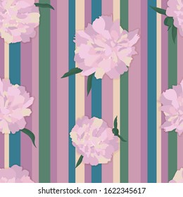 vintage seamless pattern with abstract flowers pastel colored on multicolor stripes background, editable vector illustration for spring or summer decorations, fabric, textile, wallpaper