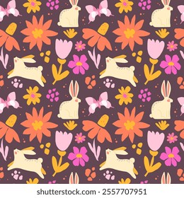 Vintage seamless pattern with abstract flowers, butterflies and bunnies