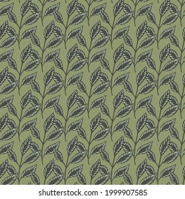 Vintage seamless pattern with abstract herbal leaves branches silhouettes. Green pale background. Flat vector print for textile, fabric, giftwrap, wallpapers. Endless illustration.