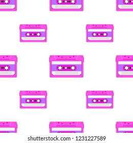 Vintage seamless pattern with analogue music cassettes. 80s Loopable background with magnetic audio tapes.