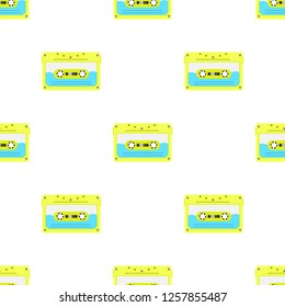 Vintage seamless pattern with analogue music cassettes. 80s Loopable background with magnetic audio tapes.