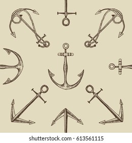 Vintage seamless pattern with anchors, engraved old looking hand drawn, sketch or tattoo style,  aquatic or marine theme background