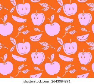 Vintage seamless pattern with apples and leaves. Retro vector background for Jewish New Year, Rosh Hashanah. Wrapping paper and packaging design for Back to School campaign.