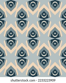 Vintage seamless pattern with Arabic motifs. Overlapping stripes, polygons, stars, crescents, are grouped and arranged in a certain order. Vector. 