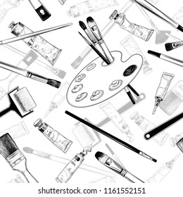 

Vintage seamless pattern with art materials. Hand-drawn  monochrome  vector texture.