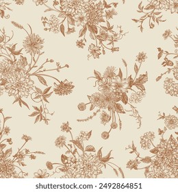 Vintage seamless pattern with autumn flowers, herbs and berries. Vector botanical floral background. Creamy delicate color.