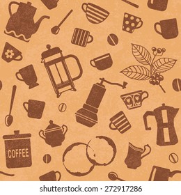 Vintage seamless pattern background with coffee related elements 