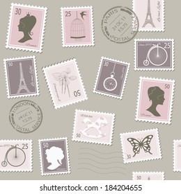 Vintage seamless pattern background with postal stamps. 