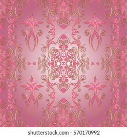 Vintage seamless pattern  background wallpaper illustration with  antique decorative  flowers, line art leaves and medieval pink ornaments in Baroque  style. Vector elegant fabric  texture