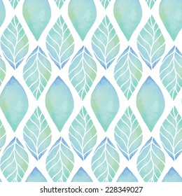 Vintage seamless pattern based on geometric shapes. Watercolor paint. Can be used as decoration for the gift boxes, wallpapers, backgrounds, web sites. The ornament with green leaves. Nature theme.