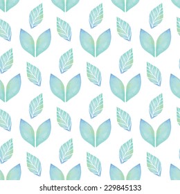 Vintage seamless pattern based on geometric shapes. Watercolor paint. Can be used as decoration for the gift boxes, wallpapers, backgrounds, web sites. The ornament with green leaves. Nature theme.