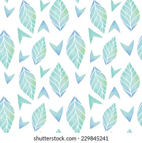 Vintage seamless pattern based on geometric shapes. Watercolor paint. Blue theme.