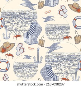 Vintage seamless pattern with beach ocean landscape and beach holiday accessories. Anchor and lifebuoy - symbols and amulets. Hand drawn with pen and ink.