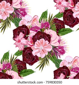 Vintage seamless pattern with beautiful burgundy roses on white background. Flower background for textile, cover, wallpaper, gift packaging, printing.Romantic design for calico, silk.