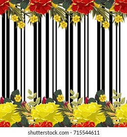 Vintage seamless pattern with beautiful delicate roses on striped background. Flower background for textile, cover, wallpaper, gift packaging, printing.Romantic design for calico, silk.