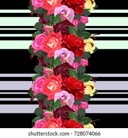 Vintage seamless pattern with beautiful delicate roses on striped background. Flower background for textile, cover, wallpaper, gift packaging, printing.Romantic design for calico, silk.