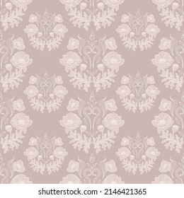 Vintage seamless pattern beautiful poppy bouquets on a beige background. Rococo style. Botanical illustration for wallpaper, fabric print, packaging