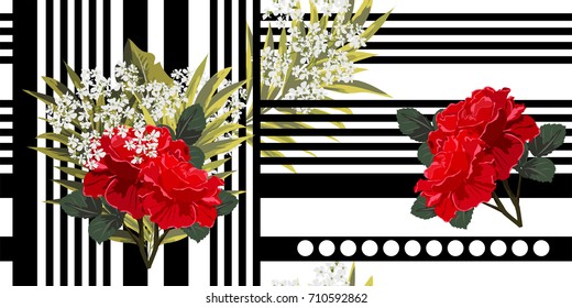 Vintage seamless pattern with beautiful red roses on striped background. Flower background for textile, cover, wallpaper, gift packaging, printing.Romantic design for calico, silk.