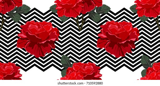 Vintage seamless pattern with beautiful red roses on striped background. Flower background for textile, cover, wallpaper, gift packaging, printing.Romantic design for calico, silk.