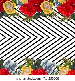 Vintage seamless pattern with beautiful red roses and hibiscuses on striped background. Flower background for textile, cover, wallpaper, gift packaging, printing.Romantic design for calico, silk.