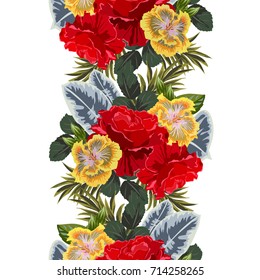 Vintage seamless pattern with beautiful red roses and hibiscuses on white background. Flower background for textile, cover, wallpaper, gift packaging, printing.Romantic design for calico, silk.