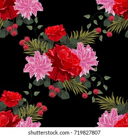 Vintage seamless pattern with beautiful red rose, lilies and berries on  black background. Flower background for textile, cover, wallpaper, gift packaging, printing.Romantic design for calico, silk.