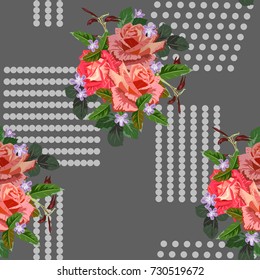 Vintage seamless pattern with beautiful red rose and dots. Flower background for textile, cover, wallpaper, gift packaging, printing.Romantic design for calico, silk.