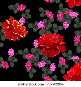 Vintage seamless pattern with beautiful red roses on black background. Flower background for textile, cover, wallpaper, gift packaging, printing.Romantic design for calico, silk.